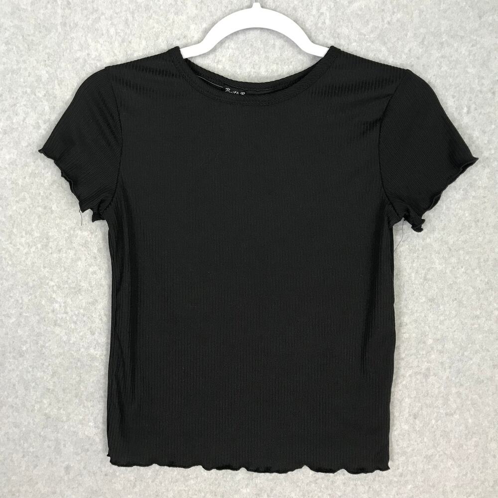 Brit Bri Shirt Womens Small Black Crop Ribbed Ruffle Tight Basic Goth Yoga Y2K
